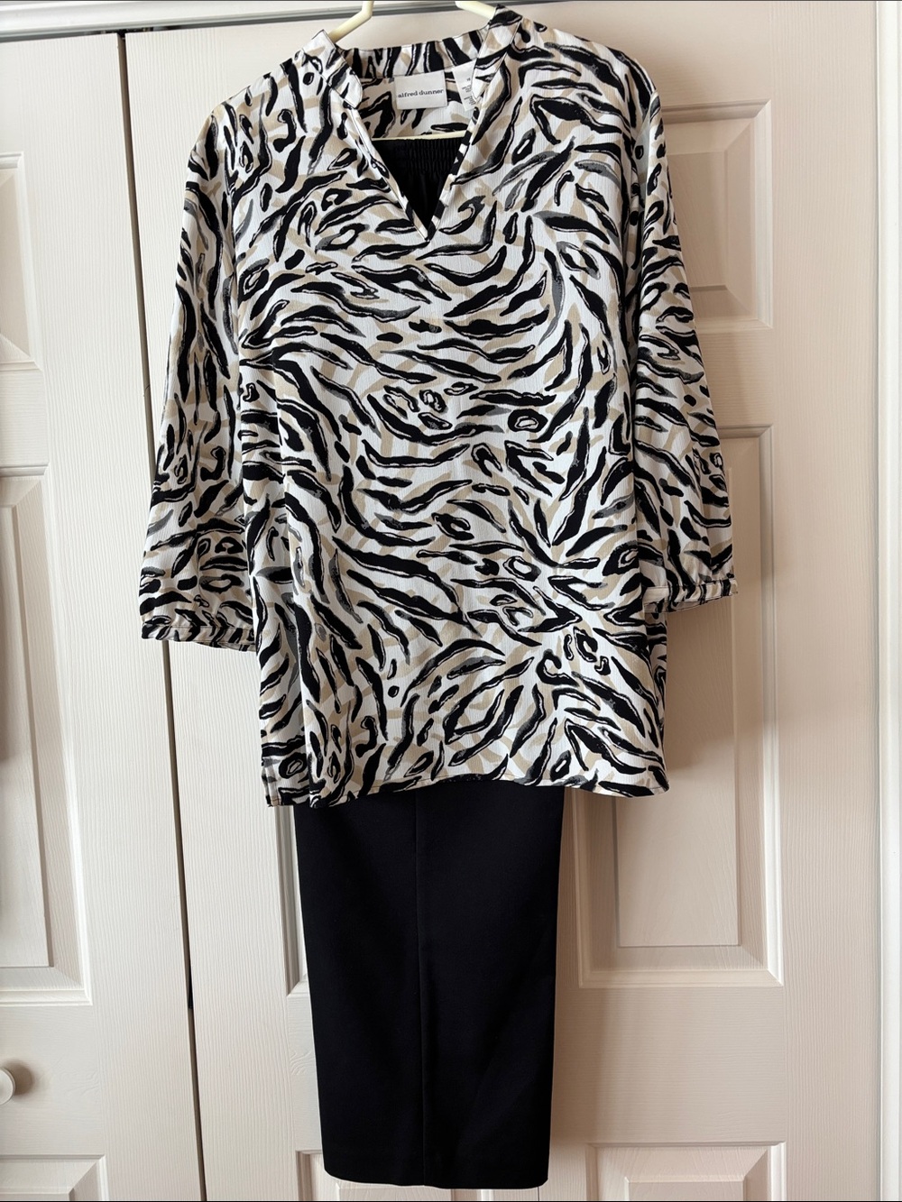 Alfred Dunner Black & White Animal Print V-Neck Blouse and Black Straight Pants